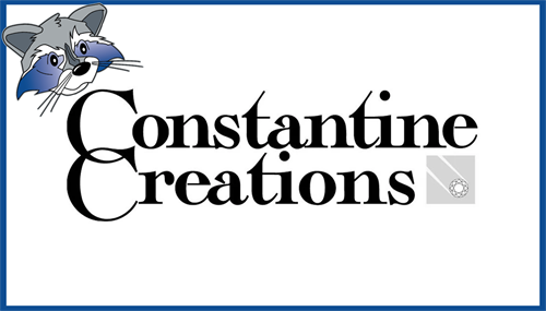 Blue frame with raccoon head in the upper left corner.  Inside the frame is the business logo for Constantine Creations in black text with a little gray diamond.
