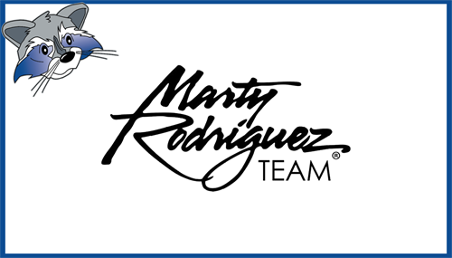 Blue frame with raccoon head in the upper left corner.  Inside the frame is the business logo of Marty Rodriguez in script font.