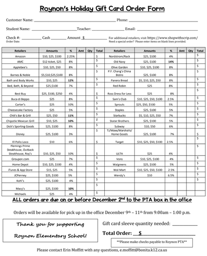 Gift card checklist and order form